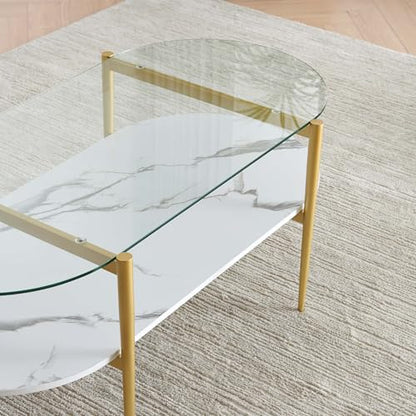 LumFurn Oval Coffee Table, Mid-Century Modern Design, L41 x W21 x H17 inch, for Living Room, Clear Glass Top, White Marble Finish Wood Shelf & Gold Finish Frame - color: Clear & White Marble, size: L41" Oval Coffee Table