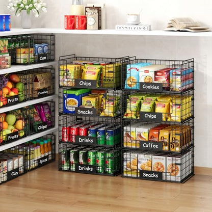 JKsmart 4 Pack XXL Stackable Wire Baskets with Handles for Pantry Storage and Organization,Fruit and Vegetable Basket with Name Plates,Metal Storage Bins for Snack Can Fruit Veggies - size: XXL-16.34"x12.01"x31.48"