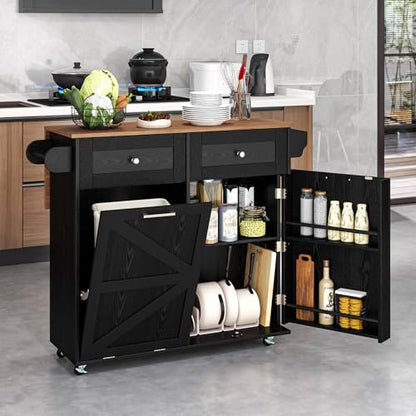 Giantex Kitchen Island Cart with Hidden Tilt Out Trash Can Cabinet, Drop Leaf, 2 Drawers, Towel Rack, Rolling Mobile Breakfast Bar Table, Wood Kitchen Storage Cart on Wheels (Black & Natural) - color: Black