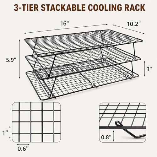Cooling Rack 16"x10", 3-Tier Stackable & Collapsible Cooling Racks | Cooling Racks for Cooking and Baking, Roasting, Grilling, Oven & Dishwasher Safe (Black, 3-Tier-SL) - color: Black, size: 3-Tier-SL
