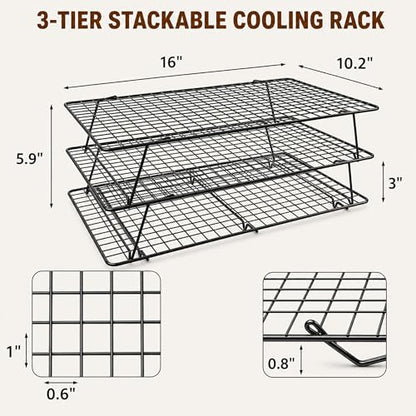 Cooling Rack 16"x10", 3-Tier Stackable & Collapsible Cooling Racks | Cooling Racks for Cooking and Baking, Roasting, Grilling, Oven & Dishwasher Safe (Black, 3-Tier-SL) - color: Black, size: 3-Tier-SL