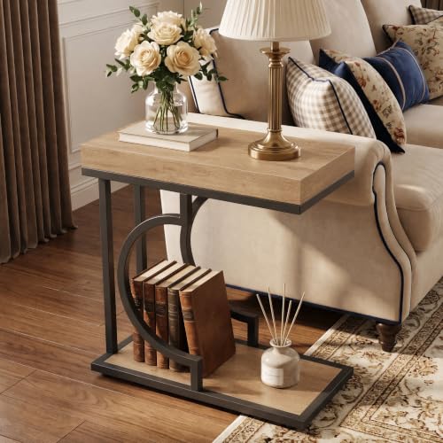 Tribesigns C Shaped Modern End Table for Coach with Metal Frame | Wood Grain, Small Side Table for Living Room, Nightstand for Bedroom, Light Brown&Black - color: Light Brown&black