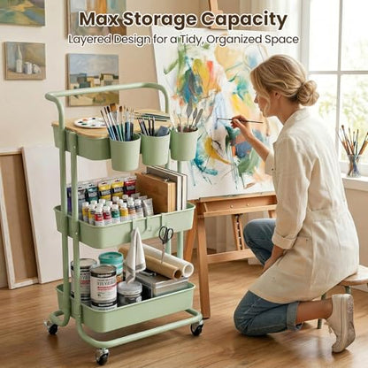 3 Tier Rolling Cart, Multifunctional Storage Cart with Table Top, Lockable Wheels, Heavy Duty Metal Frame Utility Cart for Kitchen, Bathroom, Office, Bedroom (Green) - color: Green