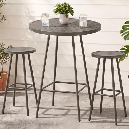 Best Choice Products 3-Piece Patio Dining Set, Bar Height, Outdoor Bistro Set, Outdoor Round Bar Table w/ 2 Bar Stools, Steel - Taupe - color: Taupe