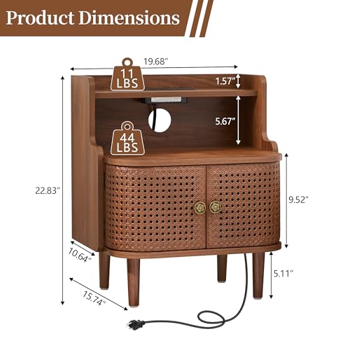 Storage End Table with 2 Door, Bed Side Table with Charging Station, Metal Rattan Nightstand for Bedroom, Desk Side Table for Living Room Couch Sofa, Office, Small Spaces - Walnut - size: Door Walnut-1pcs