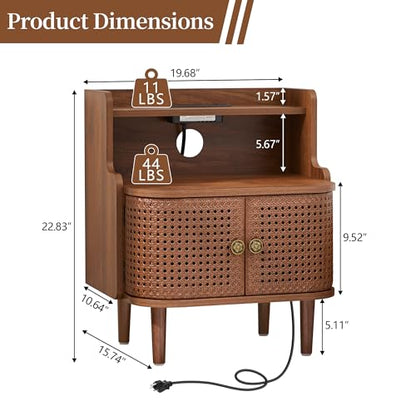 Storage End Table with 2 Door, Bed Side Table with Charging Station, Metal Rattan Nightstand for Bedroom, Desk Side Table for Living Room Couch Sofa, Office, Small Spaces - Walnut - size: Door Walnut-1pcs