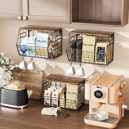 Delamu Stackable Metal Fruit Basket with Wood Lid 3 Pack, Hanging Wall Organizer for Kitchen Counter, Pantry Storage for Onions, Potatoes, Garli, Fruits, Spices, Black - size: 3 Pack