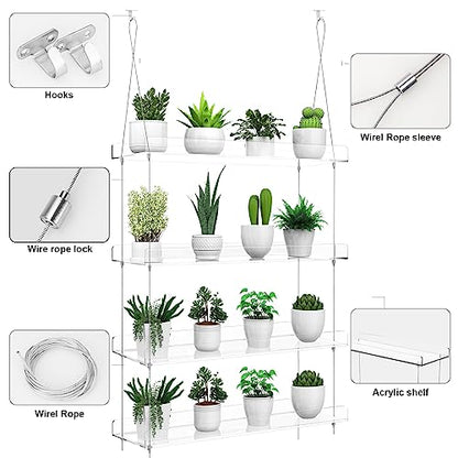 2-Pack Hanging Clear Plant Shelves for Windows, 16 Inch per Tier | Acrylic Window Wall Plant Stand Shelf for Kitchen Indoor Gardens, Flower, Herb, Seedling Organization, and Pots Display. - size: 2 Pack-4 Tier