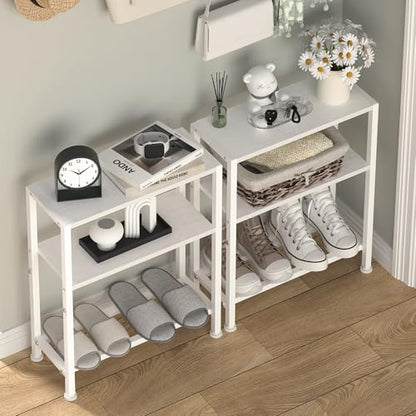 Narrow Side Table Set of 2 for Small Space, 2-Tier Small End Table with Shelf Holder, Slim Nightstand, Skinny Snack Couch Table in Living Room, Bedroom, Study, Kitchen and Balcony (White) - color: White