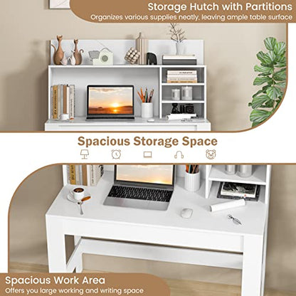 Tangkula White Desk with Hutch, Home Office Desk with Bookshelf, Writing Study Desk with Anti-Toppling Device & Cable Hole, Modern Computer Workstation PC Laptop Desk for Small Space, Bedroom
