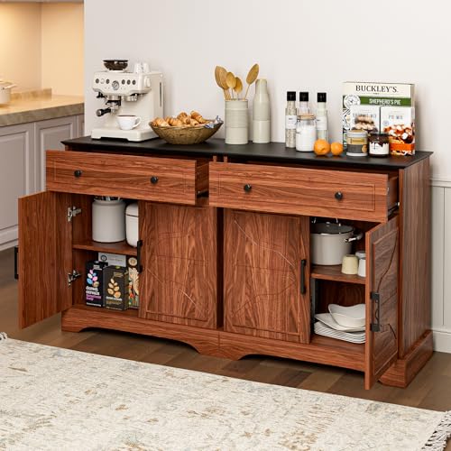 LCRBOL Sideboard with Drawer & Doors, Mid-Century, Matte Black Top & Walnut | 30"W x 15.2"D x 32.2"H, 100 lbs top / 30 lbs shelf, 1 drawer & 2-door cabinet, adjustable shelf, soft-close hinges - color: Walnut