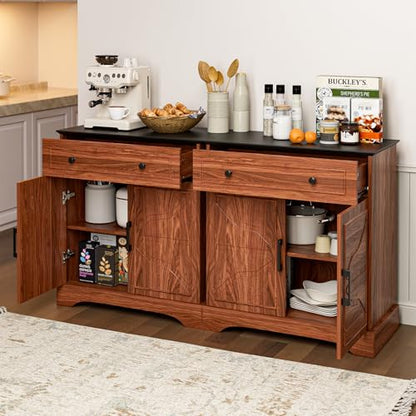 LCRBOL Sideboard with Drawer & Doors, Mid-Century, Matte Black Top & Walnut | 30"W x 15.2"D x 32.2"H, 100 lbs top / 30 lbs shelf, 1 drawer & 2-door cabinet, adjustable shelf, soft-close hinges - color: Walnut