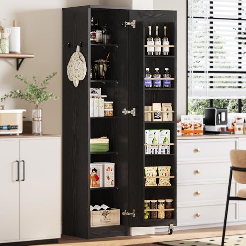 IRONCK Narrow Kitchen Pantry Storage Cabinet, 72" Slim Single Door with 6 Adjustable Shelves, Door Rack and Wheels, Space Saving Freestanding Storage Floor Cabinet for Small Place, Black - color: Black