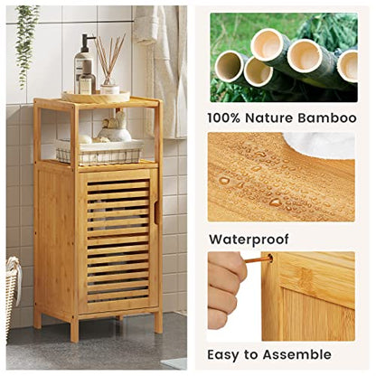 VIAGDO Bamboo Cabinet, Bathroom Storage Cabinet with Single Door and Shelf, Freestanding Bathroom Cabinet, Kitchen Cupboard, Sofa Side Table for Living Room/Hallway/Kitchen