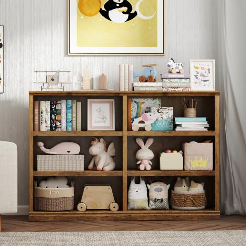 64" W Double Wide Horizontal Bookshelf, 3 Tiers 6 Storage Cube Book Case | Open Shelf Bookcase, Display Cabinet Organizer Indoor Furniture, Home Library Office, Vintage Oak Adjustable Shelf - color: Vintage Oak, size: Double 3-Tier Bookcase