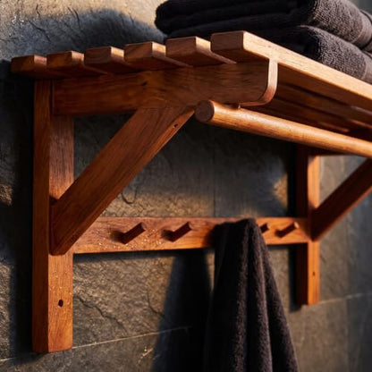Bare Decor Caracas Bathroom Wall Shelf with Hangers in Solid Teak Wood 31.5"