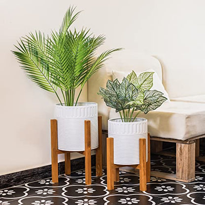 2-Piece White Metal Planter Set with Wood Stand, Indoor Mid Century Modern Planters with Drainage, 8" & 10"