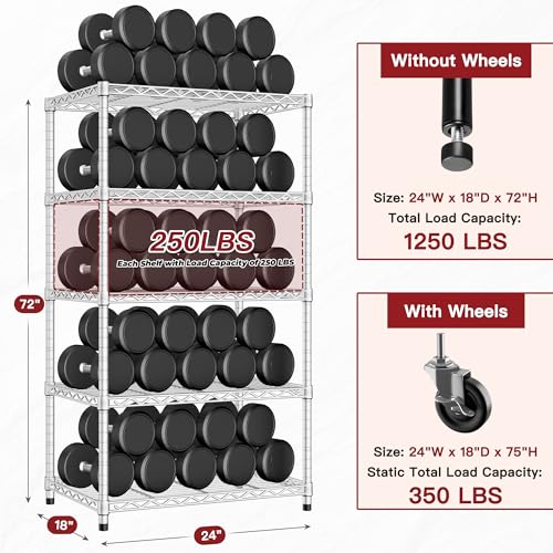 PrimeZone 75" H Wire Shelving 5 Tier Slim Steel Storage Metal Shelves with Wheels,Adjustable Kitchen Utility Shelving Unit,Pantry Rack Rolling Metal Shelf Chrome 24" Wx18 Dx75 H - size: 24" W x 18" D x 75" H