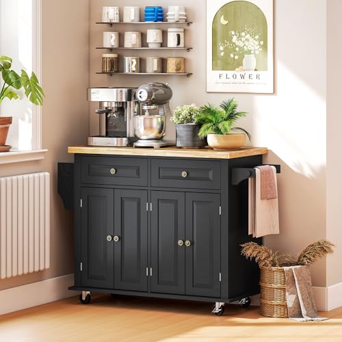 HOMCOM Kitchen Island Cart with Solid Wood Top, 44" Mobile Kitchen Island Table on Wheels with Storage Cabinets, 2 Drawers, Adjustable Shelves, Spice Rack & Towel Bar for Dining Room, Black - color: Black