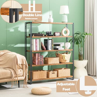 HCHQHS Bookshelf, 5-Tier Industrial Bookcase, Rustic Open Book Shelf, Freestanding Tall Bookshelves with Metal Frame - color: Rustic Brown, size: 5-Tier (47"W x 55.5"H)