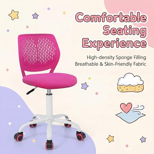 Costzon Kids Desk Chair, Armless Height Adjustable Kids Computer Chair w/Elastic Sponge Filling, Ergonomic Backrest & Stable 5-Point Wheels, Children Rolling Swivel Chair for Studyroom (Rose) - color: Rose