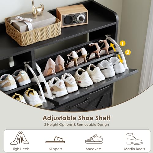 Shoe Cabinet with 4 Flip Drawers, Hidden Shoe Rack Cabinet with Metal Legs, Farmhouse Narrow Shoe Storage Cabinet for Entryway, Foyer, Hallway, Black - color: Solid Black
