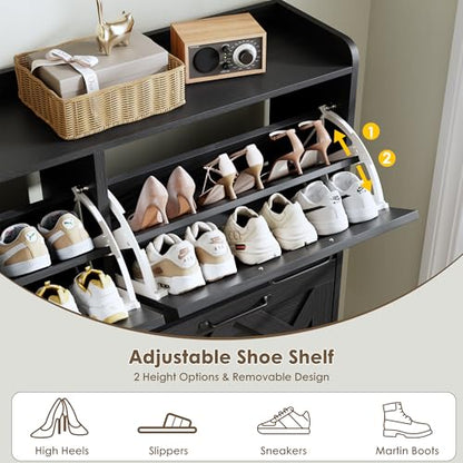 Shoe Cabinet with 4 Flip Drawers, Hidden Shoe Rack Cabinet with Metal Legs, Farmhouse Narrow Shoe Storage Cabinet for Entryway, Foyer, Hallway, Black - color: Solid Black