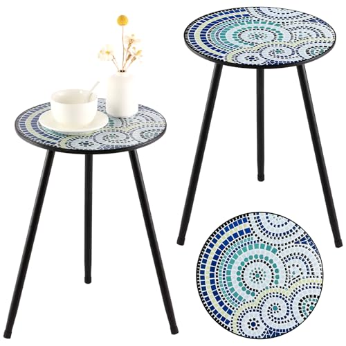 Party Zealot 2 Packs Metal Mosaic Round Side Tables 13.4" Small Outdoor Patio Round Accent Coffee Tables Indoor Corner Stand for Small Spaces Weather-Resistant for Balcony, Porch Plant Stands Indoor - color: Round Mosaic, style: 2 packs/ 13.4 in