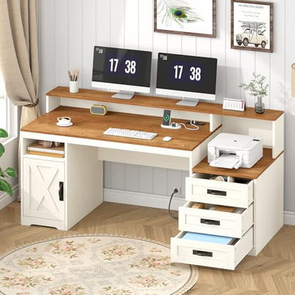 TVU Farmhouse Computer Desk with Drawers, 65'' Home Office Desk with Power Outlets, Storage Cabinet and Printer Stand, Study Writing Desks with Long Monitor Stand, Brown and White - color: Brown and White