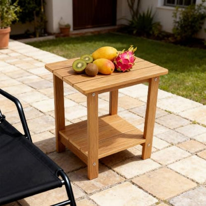 Small Leisure Line Side Table, 2-Tier Adirondack Side Table Outdoor with Open Shelf, 16 in Wooden Deck Table for Patio Porch Pool, 200 Lbs Capacity, Easy Assembly (Teak) - color: Teak