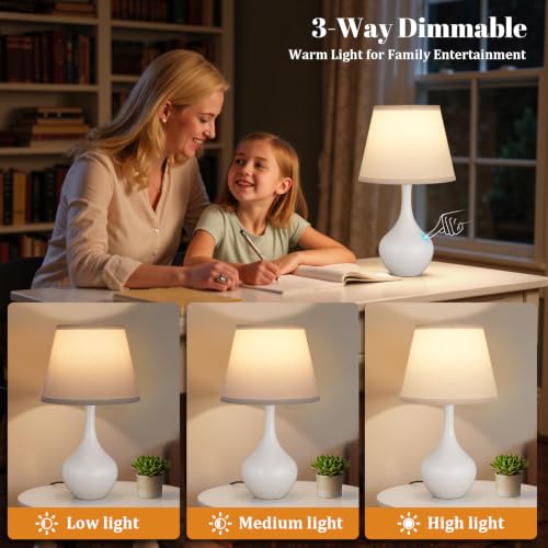Seealle Touch Table Lamps for Bedroom Set of 2,3-Way Dimmable Small Bedside Lamps for Night Stands with Wires, White Desk Lamps for Kids Room,Office,Living Room, End Table(LED Bulbs Included) - color: K. WhiteShade & White Base