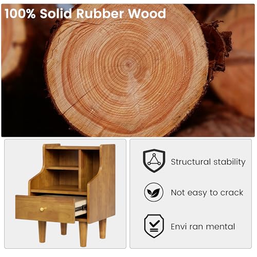Solid Wood Nightstand with Drawers, Bookshelf Nightstand, Mid Century Modern Nightstands, Small Wood Night Stand with Open Shelf, Wooden End Side Table with Storage for Bedroom, Living Room (Walnut) - style: Bookshelf Nightstand
