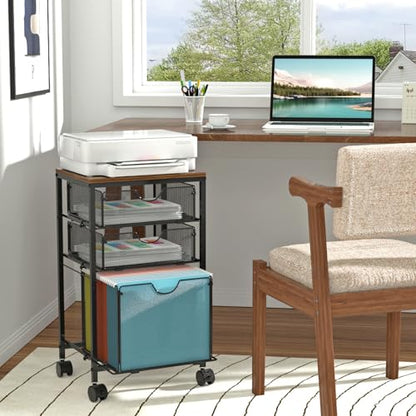 BOHDK Rolling File Cart with 3 Storage Drawers, Wood & Mesh Hanging File Folder Organizer with Wheels Under Desk, File Cabinets for Home Office, 11.81" D x 14.8" W x 25.39" H, Black - color: Rustic Brown & Black