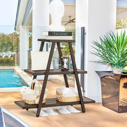 Outdoor Plant Stand for Patio 3 Tier Plant Stand Shelf with Wicker Poly Lumber Flower Stand Holder Tiered Multi Ladders Plant Holder Display Rack with Adjustable Feet for Outside Balcony Porch Brown