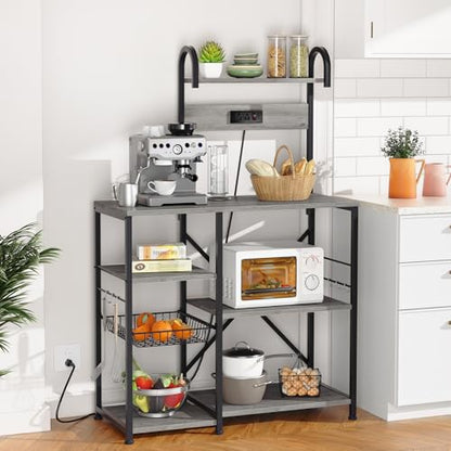 Shintenchi Kitchen Bakers Rack with Power Outlet, Multifunctional Organizer & Storage with 6 Hooks, Microwave Oven Stand, and Coffee Station Shelf, Black - color: Black