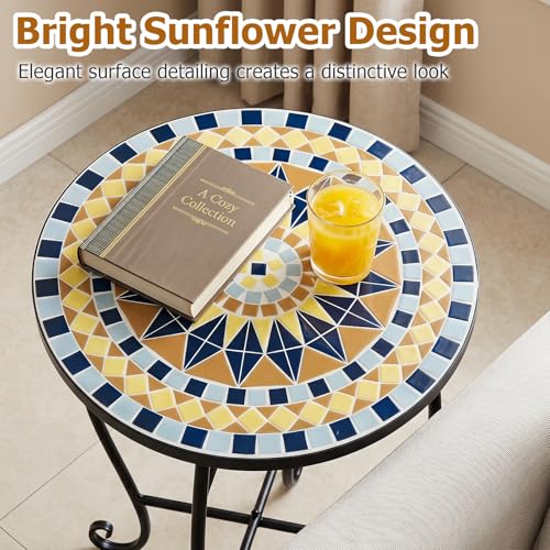 Giantex Outdoor Side Table, Bright Sunflower Mosaic Patio Accent Table, 14" Coffee End Table, Indoor Outdoor Metal Plant Stand for Porch Garden Balcony Desk, Metal Cobalt Glass Top - style: Bright Sunflower