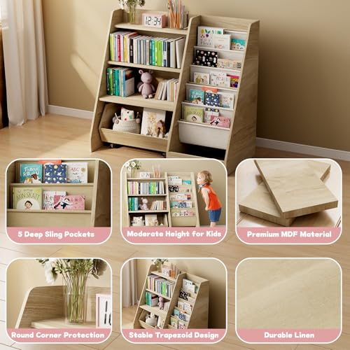 COZPAW Kids Bookshelf and Toy Storage, 4 Tier Toddler Bookshelf with Movable Drawer (Oak) - color: Oak