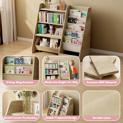 COZPAW Kids Bookshelf and Toy Storage, 4 Tier Toddler Bookshelf with Movable Drawer (Oak) - color: Oak