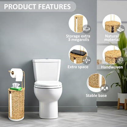 Freestanding Wicker Toilet Paper Holder with Lid, 3 Rolls of Toilet Tissue Storage, Rattan Handmade Woven Toilet Paper Roll Holder Stand, Decorative Boho Bathroom Farmhouse Toilet Paper Holder