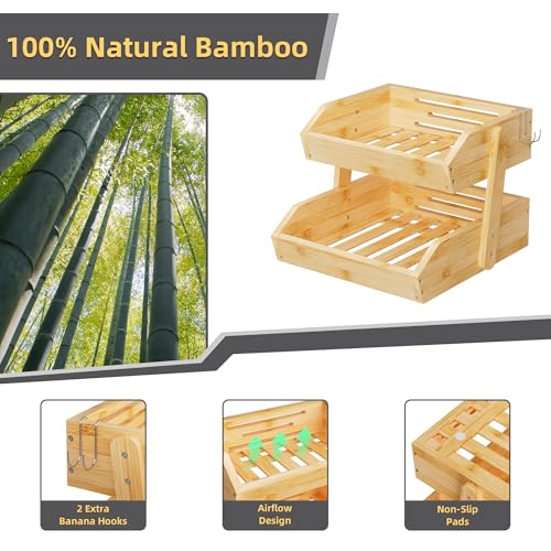 Hellojin Bamboo 2 Tier Fruit Basket with Dual Banana Hangers | Wooden Tiered Organizer, Protective Mats, Large Capacity, Versatile Holder for Bread, Snacks, Veggies, Onion and Potato - color: Bamboo-2 tier