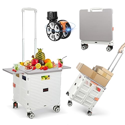 Foldable Utility Cart Folding Portable Rolling Crate with Magnetic Extended Lid,360°Rotate Wheels,176LBS Load Capacity,Heavy Duty Durable Dolly Cart for Teacher Tourist Shopping Office Outdoor(White) - color: White, size: Magnetic Extended Lid