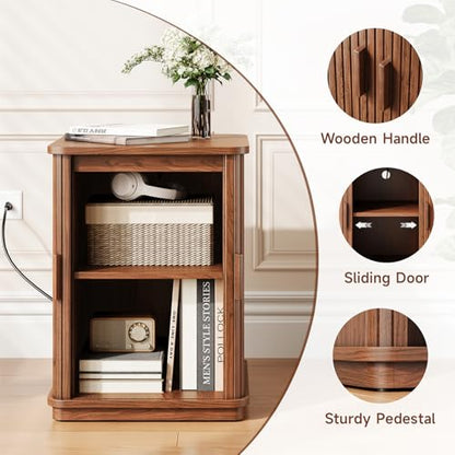 ONBRILL Square End Table with Charging Station, Fluted Storage Nightstand | Mid-Century Modern Accent Side Table with Sliding Door & Sturdy Pedestal, for Small Space, Living Room, Bedroom, Walnut - color: Walnut