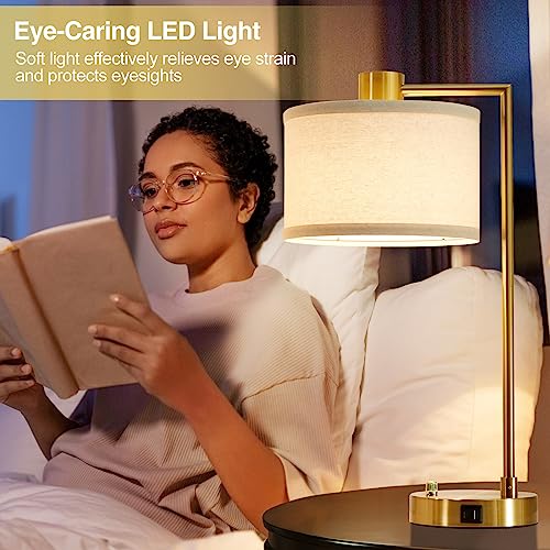 Luvkczc Table Lamp for Bedroom Set of 2 with USB C+A Ports, Fully Stepless Dimmable Bedside Lamp with Linen Lampshade, Nightstand Lamp for Living Room Reading Office, 2 LED Bulbs Included (Gold) - color: Gold