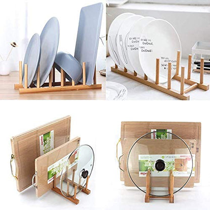 INNERNEED Bamboo Wooden Dish Rack, Vertical Plate & Lid Organizer | for Kitchen Cabinet or Countertop, Drying Stand for Dishes, Cutting Boards - size: Pack of 1