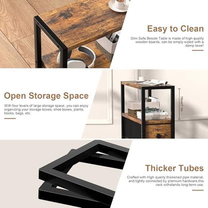 Small Narrow Side Table with Drawers, Skinny End Table for Small Spaces, Slim Nightstand with Storage, sofa bedside Table in Living Room, Bedroom, Study, kitchen and Balcony (Rustic Brown)M-LBZ83B1V1 - color: Rustic Brown&black