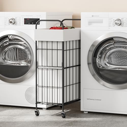 Slim Laundry Hamper, 60L Laundry Basket with Wheels, Clothes hamper with Removable Liner Bag - color: White, size: 60L-1 Section