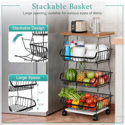 VECELO 4-Tier Fruit Basket with Wheels, Fruit and Vegetable Storage Cart for Kithchen, Stackable Produce Organizer Wire Baskets for Kitchen, Pantry, Living Room - size: 4 Tiers