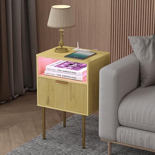 JOONEE Nightstand with Charging Station, Bedside Table with Storage Drawer, Fluted Side Table for Living Room, Bedroom - color: Yellow Oak