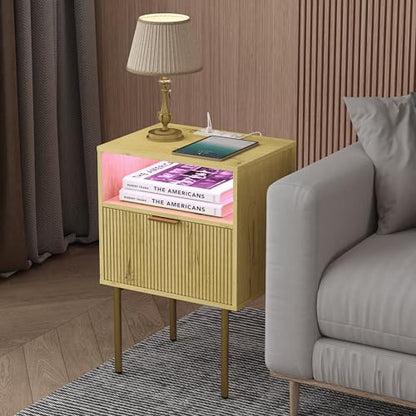 JOONEE Nightstand with Charging Station, Bedside Table with Storage Drawer, Fluted Side Table for Living Room, Bedroom - color: Yellow Oak
