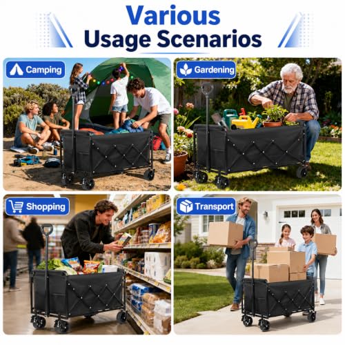Wagons Carts Foldable, 500 lb 220L Collapsible Wagon with Brakes | Folding Wagon Cart with brakes, compact folding design and large storage for camping, groceries, sports and outdoor hauling - size: 500LB
